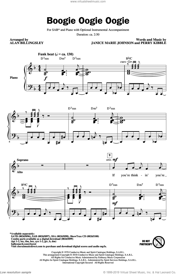 Boogie Oogie Oogie (arr. Alan Billingsley) sheet music for choir (SAB: soprano, alto, bass) by A Taste Of Honey, Alan Billingsley, Janice Marie Johnson and Perry Kibble, intermediate skill level