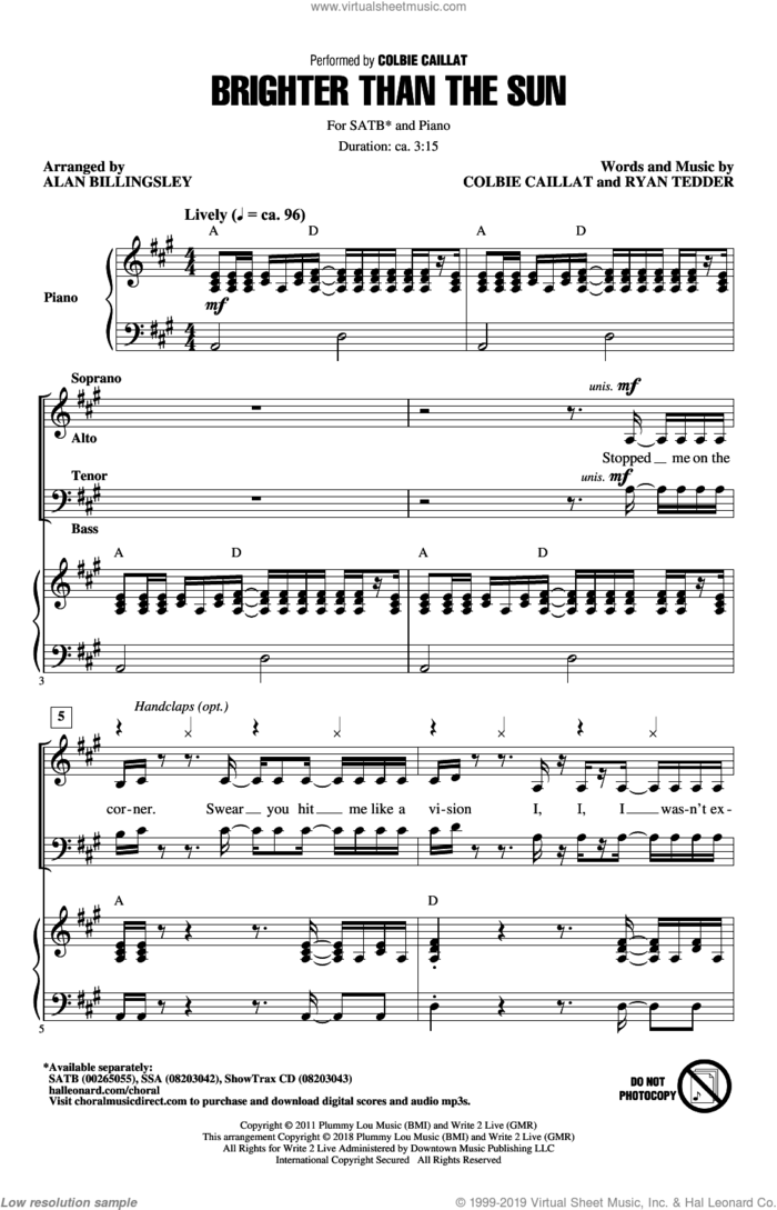 Brighter Than The Sun (arr. Alan Billingsley) sheet music for choir (SATB: soprano, alto, tenor, bass) by Colbie Caillat, Alan Billingsley and Ryan Tedder, intermediate skill level
