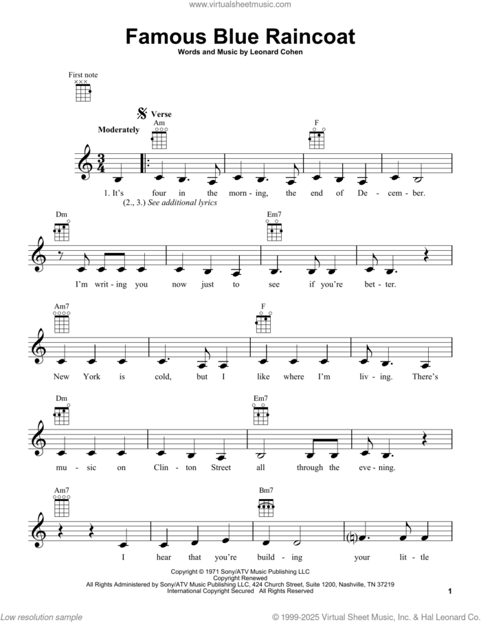 Famous Blue Raincoat sheet music for ukulele by Leonard Cohen, intermediate skill level