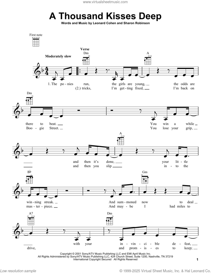 A Thousand Kisses Deep sheet music for ukulele by Leonard Cohen and Sharon Robinson, intermediate skill level