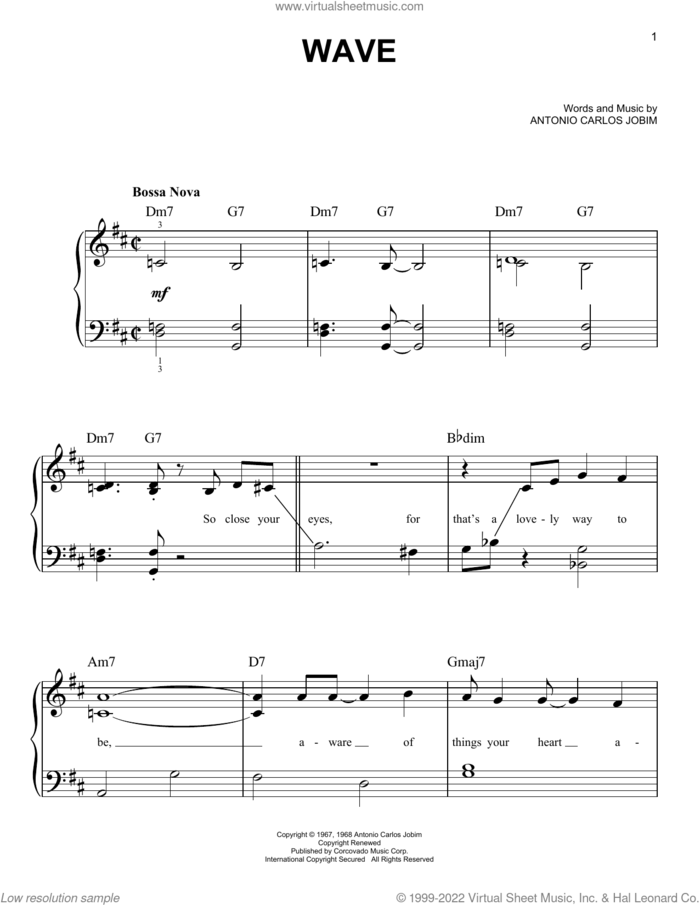 Wave, (easy) sheet music for piano solo by Antonio Carlos Jobim, easy skill level