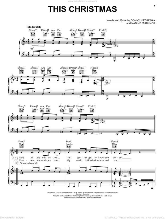This Christmas sheet music for voice, piano or guitar by Donny Hathaway and Nadine McKinnor, intermediate skill level