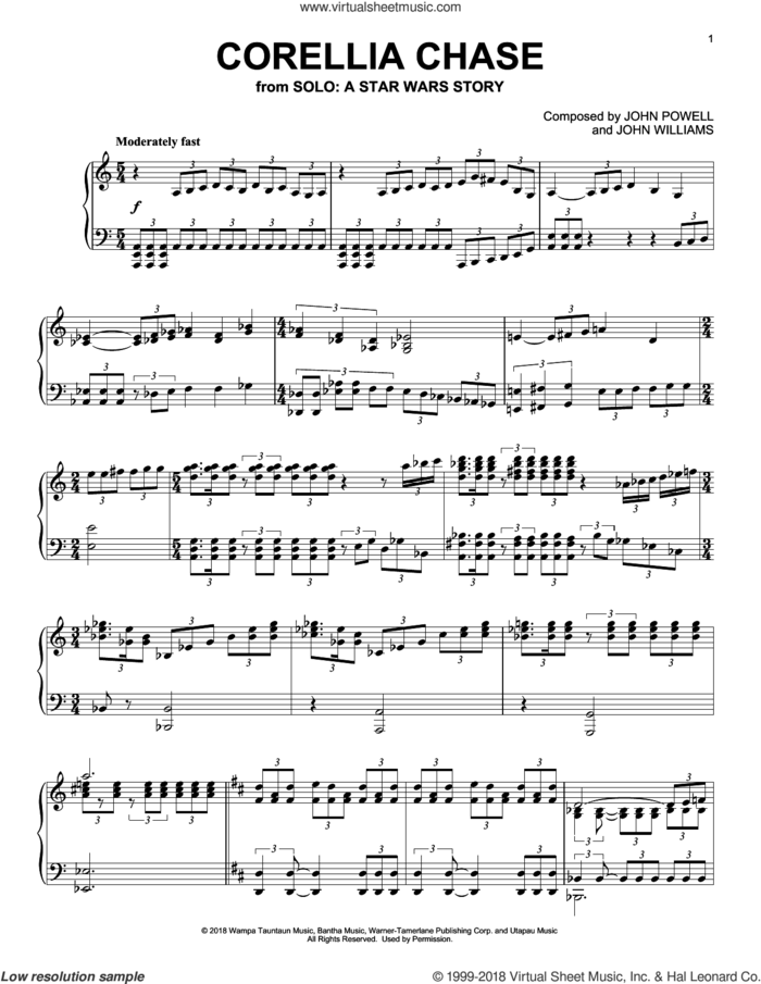 Corellia Chase (from Solo: A Star Wars Story) sheet music for piano solo by John Williams, John Powell and John Powell & John Williams, classical score, intermediate skill level