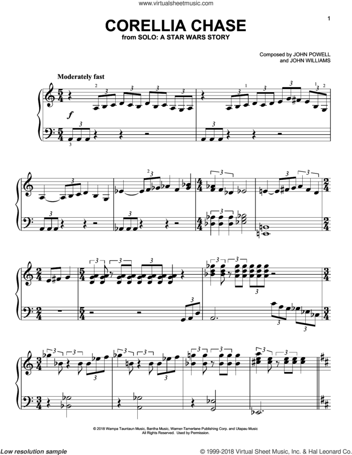 Corellia Chase (from Solo: A Star Wars Story) sheet music for piano solo by John Williams, John Powell and John Powell & John Williams, classical score, easy skill level