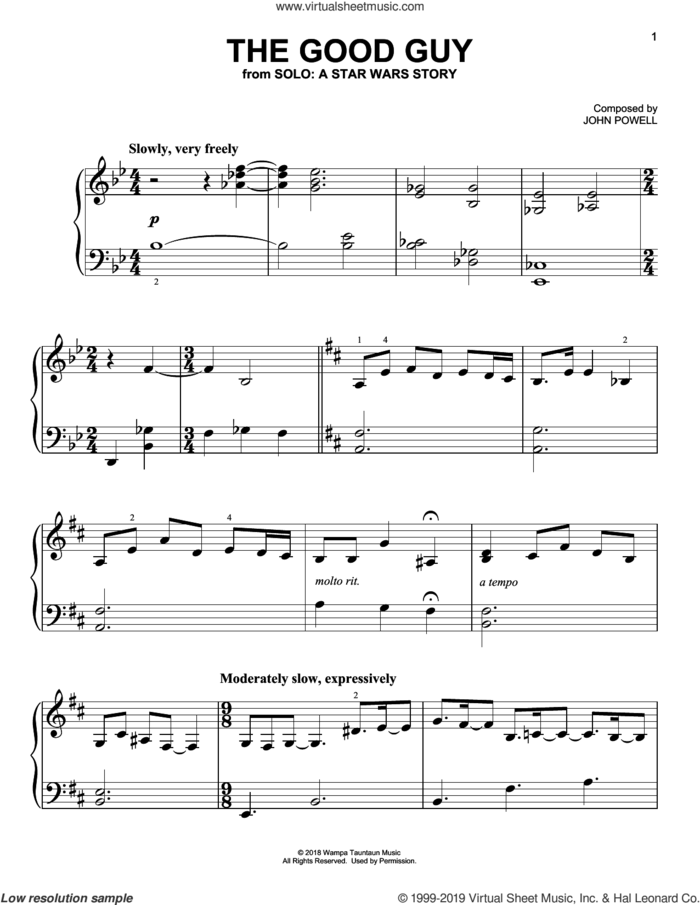 The Good Guy (from Solo: A Star Wars Story) sheet music for piano solo by John Powell, classical score, easy skill level