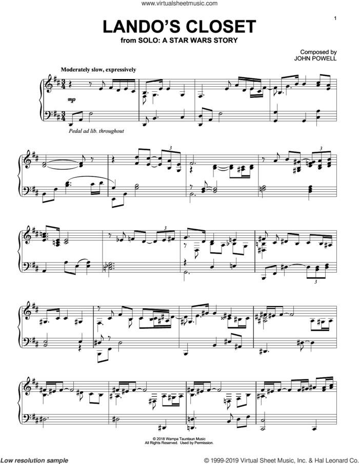 Lando's Closet (from Solo: A Star Wars Story) sheet music for piano solo by John Powell, classical score, intermediate skill level