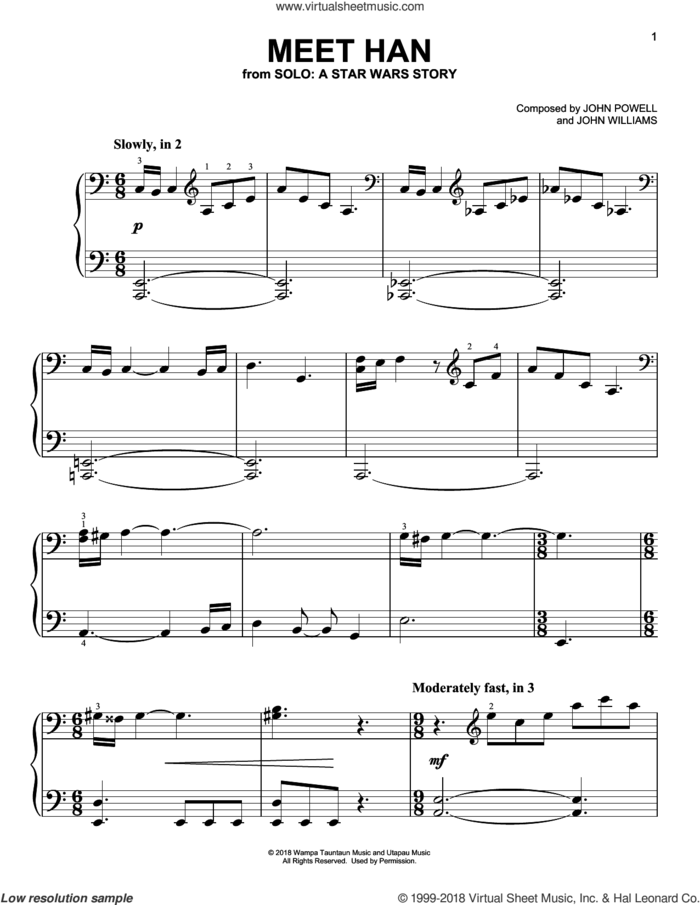 Meet Han (from Solo: A Star Wars Story) sheet music for piano solo by John Williams, John Powell and John Powell & John Williams, classical score, easy skill level