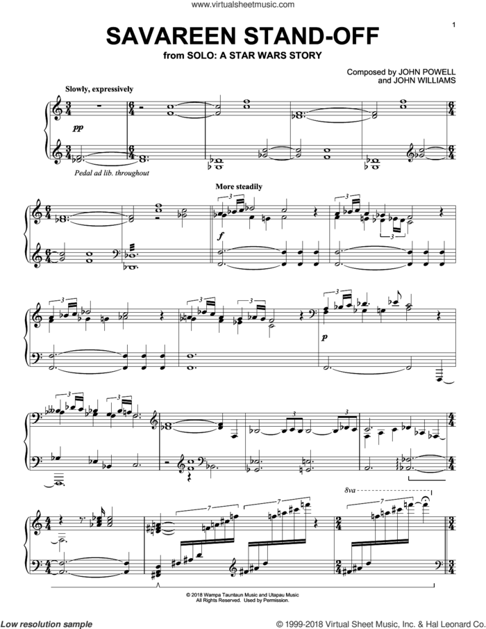 Savareen Stand-Off (from Solo: A Star Wars Story) sheet music for piano solo by John Williams, John Powell and John Powell & John Williams, classical score, intermediate skill level