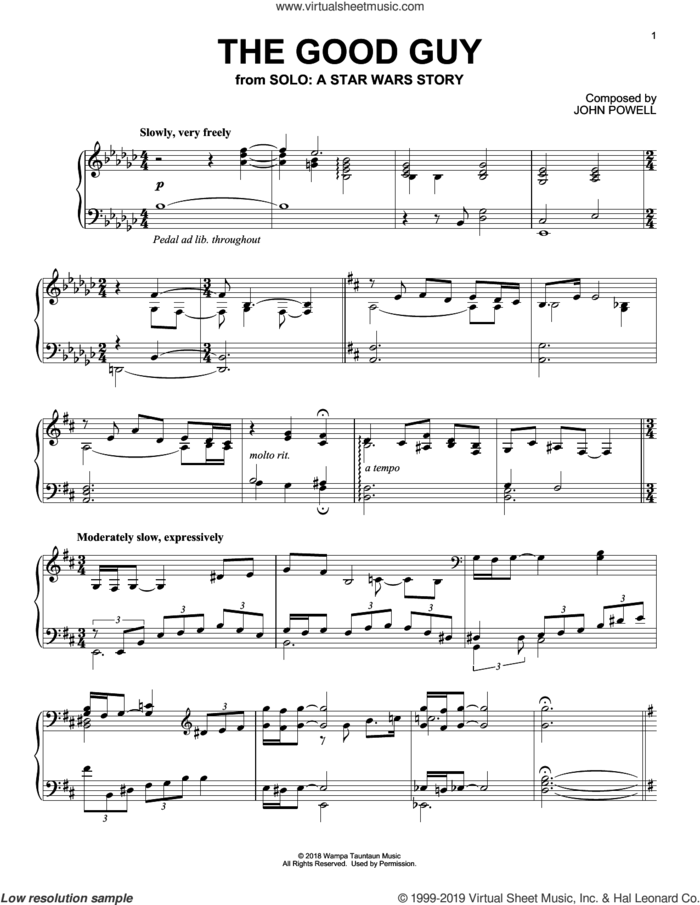The Good Guy (from Solo: A Star Wars Story) sheet music for piano solo by John Powell, classical score, intermediate skill level
