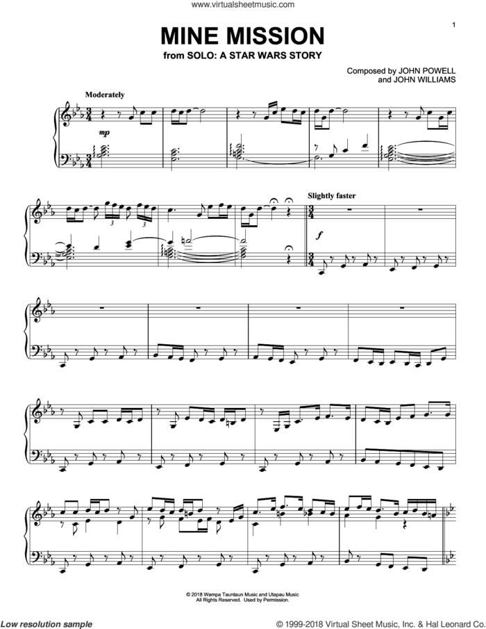 Mine Mission (from Solo: A Star Wars Story) sheet music for piano solo by John Williams, John Powell and John Powell & John Williams, classical score, intermediate skill level