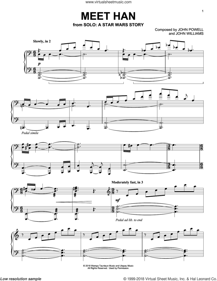Meet Han (from Solo: A Star Wars Story) sheet music for piano solo by John Williams, John Powell and John Powell & John Williams, classical score, intermediate skill level
