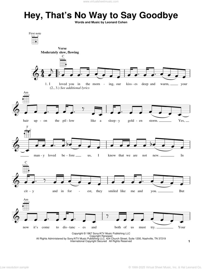 Hey, That's No Way To Say Goodbye sheet music for ukulele by Leonard Cohen, intermediate skill level