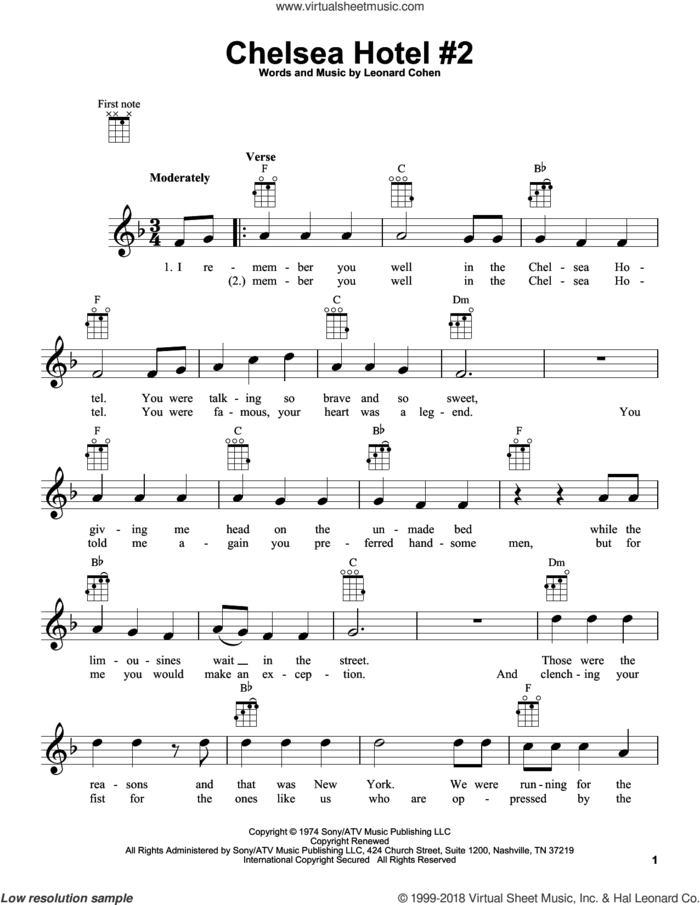 Chelsea Hotel #2 sheet music for ukulele by Leonard Cohen, intermediate skill level