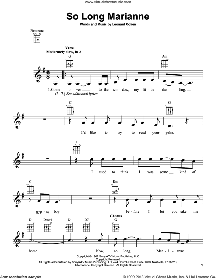 So Long Marianne sheet music for ukulele by Leonard Cohen, intermediate skill level