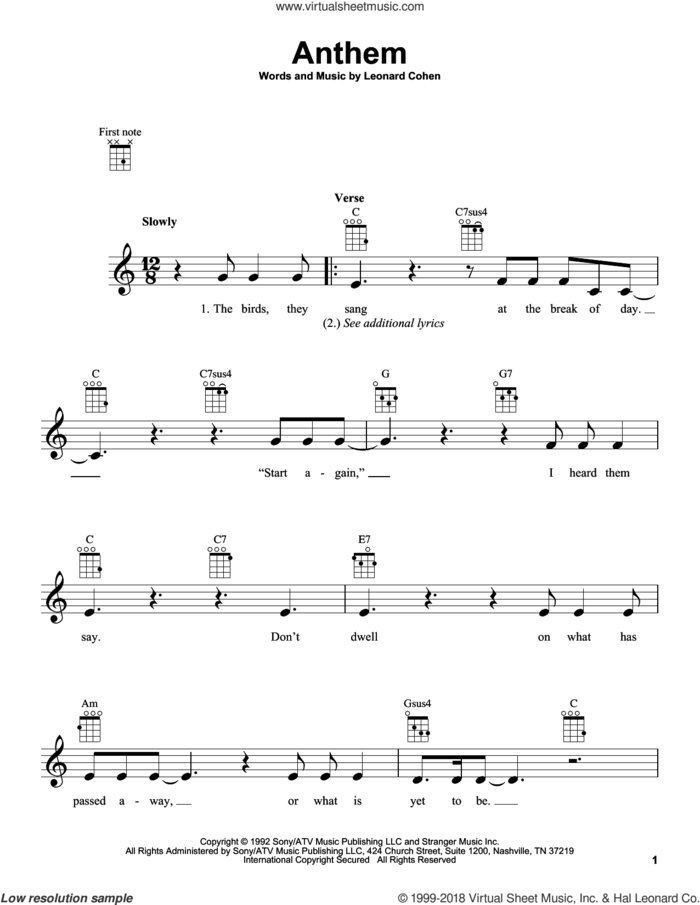 Anthem sheet music for ukulele by Leonard Cohen, intermediate skill level