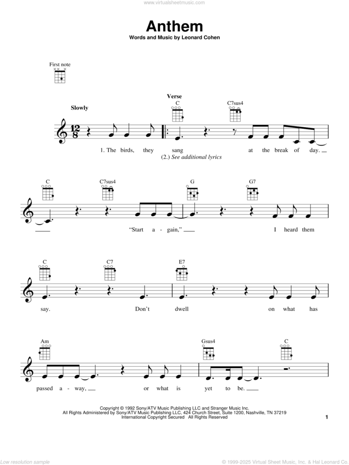 Anthem sheet music for ukulele by Leonard Cohen, intermediate skill level