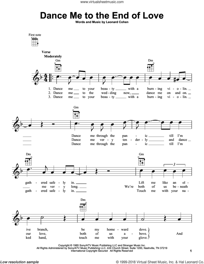 Dance Me To The End Of Love sheet music for ukulele by Leonard Cohen and Madeleine Peyroux, intermediate skill level