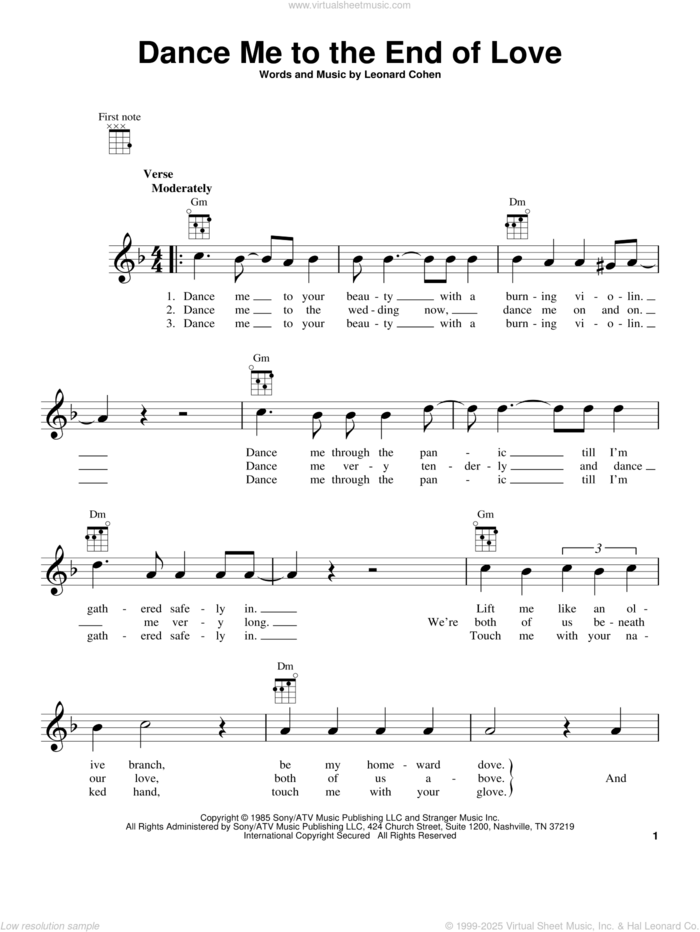 Dance Me To The End Of Love (from The Daily Ukulele) sheet music for ukulele by Leonard Cohen and Madeleine Peyroux, intermediate skill level