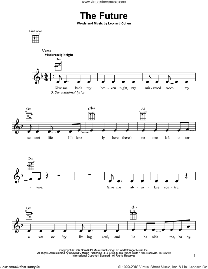 The Future sheet music for ukulele by Leonard Cohen, intermediate skill level