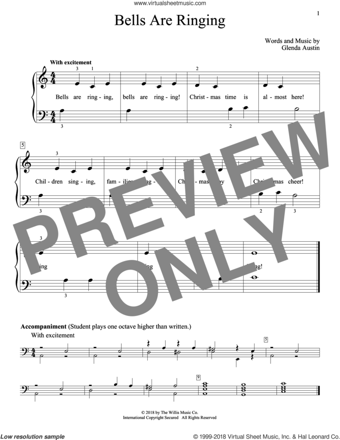 Bells Are Ringing sheet music for piano solo (elementary) by Glenda Austin, beginner piano (elementary)