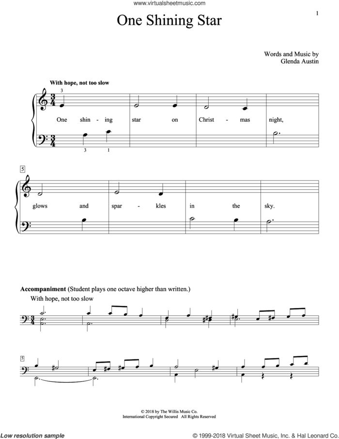 One Shining Star sheet music for piano solo (elementary) by Glenda Austin, beginner piano (elementary)