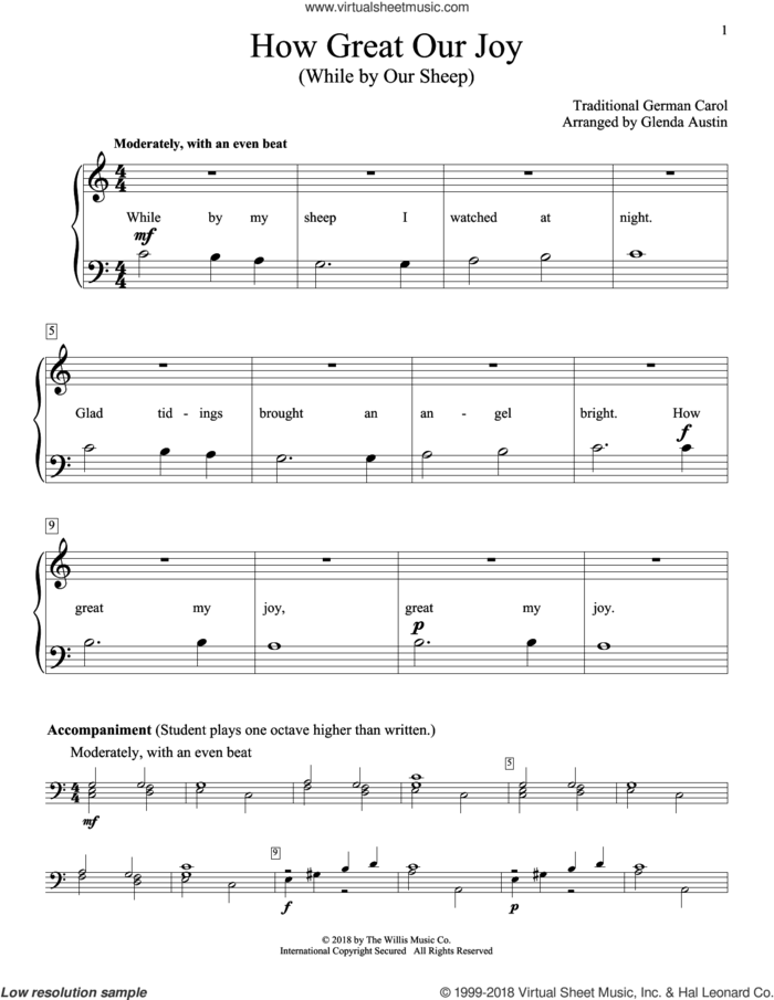 How Great Our Joy (While By Our Sheep) sheet music for piano solo (elementary) by Glenda Austin and Miscellaneous, beginner piano (elementary)