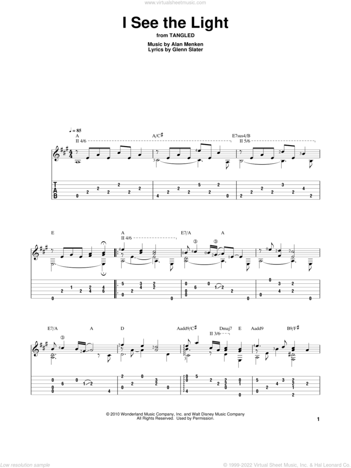 I See The Light (from Tangled), (intermediate) sheet music for guitar solo by Alan Menken and Glenn Slater, intermediate skill level