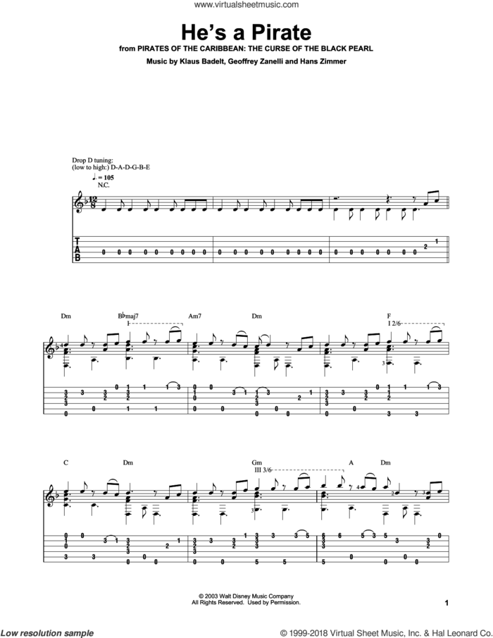 He's A Pirate (from Pirates Of The Caribbean: The Curse of the Black Pearl) sheet music for guitar solo by Klaus Badelt, Geoffrey Zanelli and Hans Zimmer, intermediate skill level