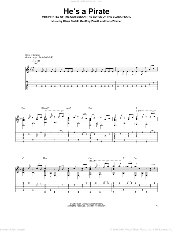 He's A Pirate (from Pirates Of The Caribbean: The Curse of the Black Pearl) sheet music for guitar solo by Klaus Badelt, Geoffrey Zanelli and Hans Zimmer, intermediate skill level