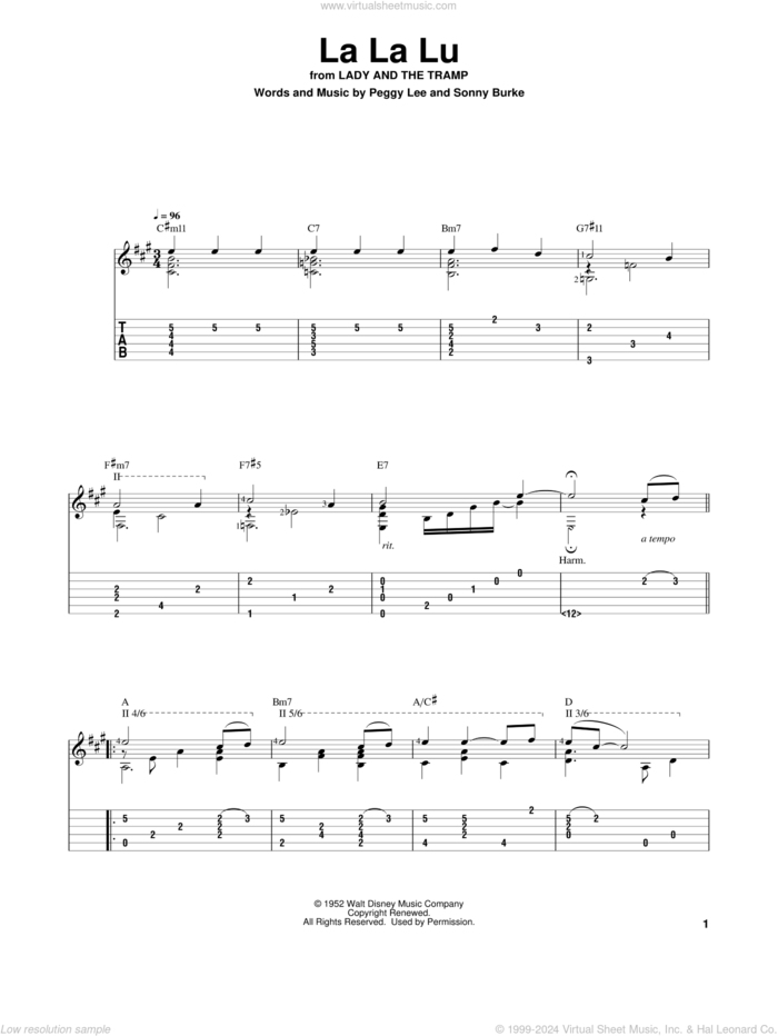 La La Lu (from Lady And The Tramp) sheet music for guitar solo by Sonny Burke and Peggy Lee, intermediate skill level