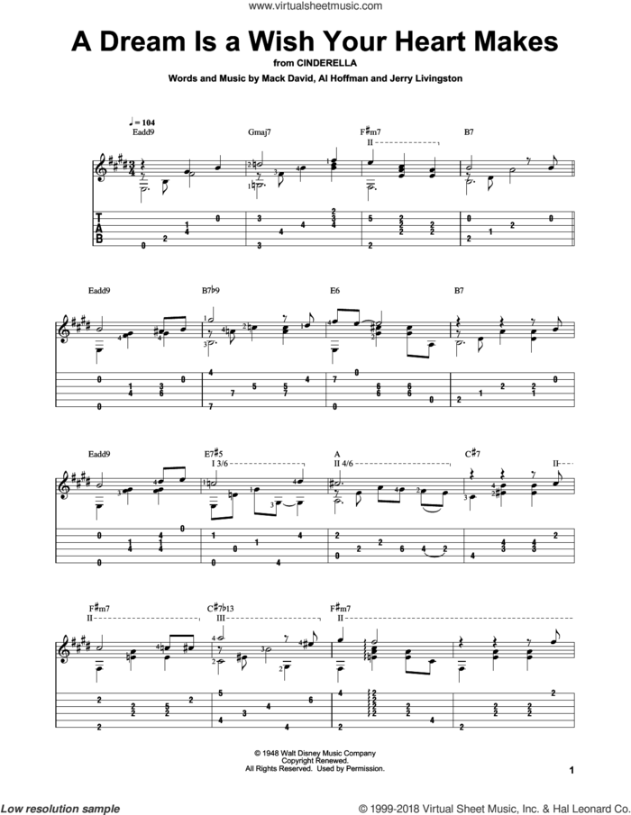 A Dream Is A Wish Your Heart Makes (from Cinderella) sheet music for guitar solo by Ilene Woods, Linda Ronstadt, Al Hoffman, Jerry Livingston and Mack David, wedding score, intermediate skill level
