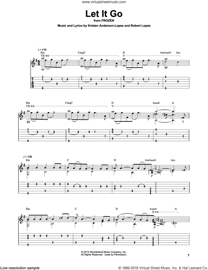 Let It Go (from Frozen), (intermediate) sheet music for guitar solo by Idina Menzel, Kristen Anderson-Lopez and Robert Lopez, intermediate skill level
