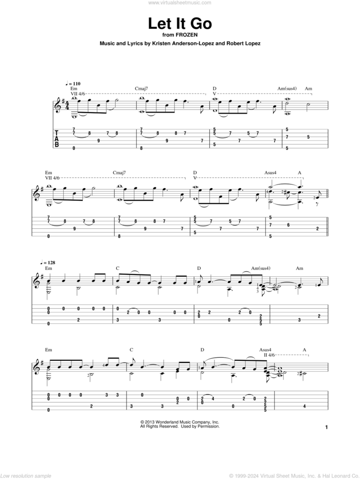 Let It Go (from Frozen), (intermediate) sheet music for guitar solo by Idina Menzel, Kristen Anderson-Lopez and Robert Lopez, intermediate skill level