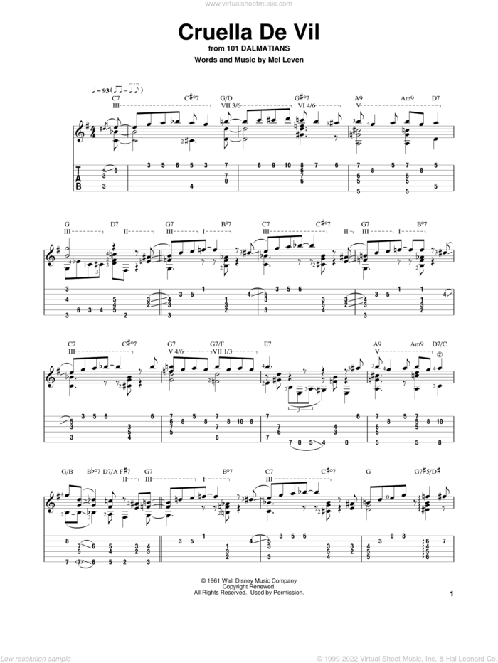 Cruella De Vil (from 101 Dalmations) sheet music for guitar solo by Mel Leven, intermediate skill level