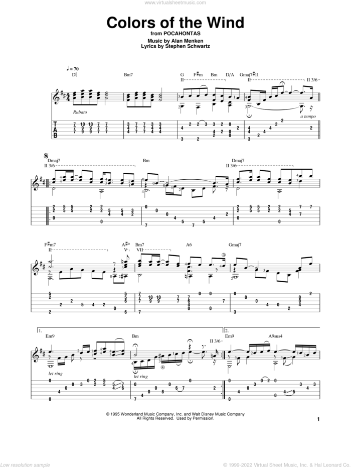 Colors Of The Wind (from Pocahontas) sheet music for guitar solo by Vanessa Williams, Alan Menken and Stephen Schwartz, intermediate skill level