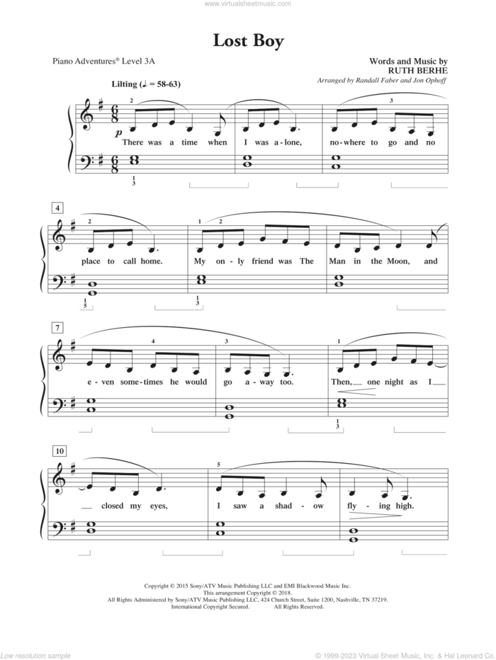 Lost Boy sheet music for piano solo by Randall Faber & Jon Ophoff, Ruth B and Ruth Berhe, intermediate/advanced skill level