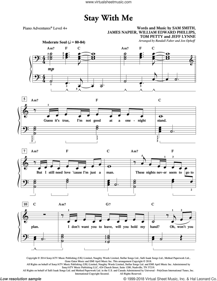 Stay with Me sheet music for piano solo by Tom Petty, Randall Faber & Jon Ophoff, James Napier, Jeff Lynne, Sam Smith and William Edward Phillips, intermediate/advanced skill level