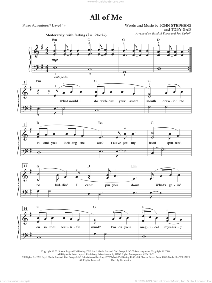 All of Me sheet music for piano solo by Toby Gad, Randall Faber & Jon Ophoff, John Legend and John Stephens, intermediate/advanced skill level