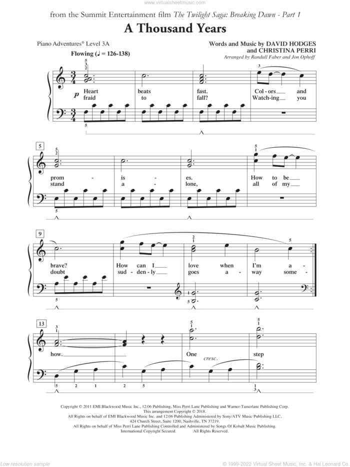 A Thousand Years, (intermediate/advanced) sheet music for piano solo by David Hodges, Randall Faber & Jon Ophoff and Christina Perri, wedding score, intermediate/advanced skill level