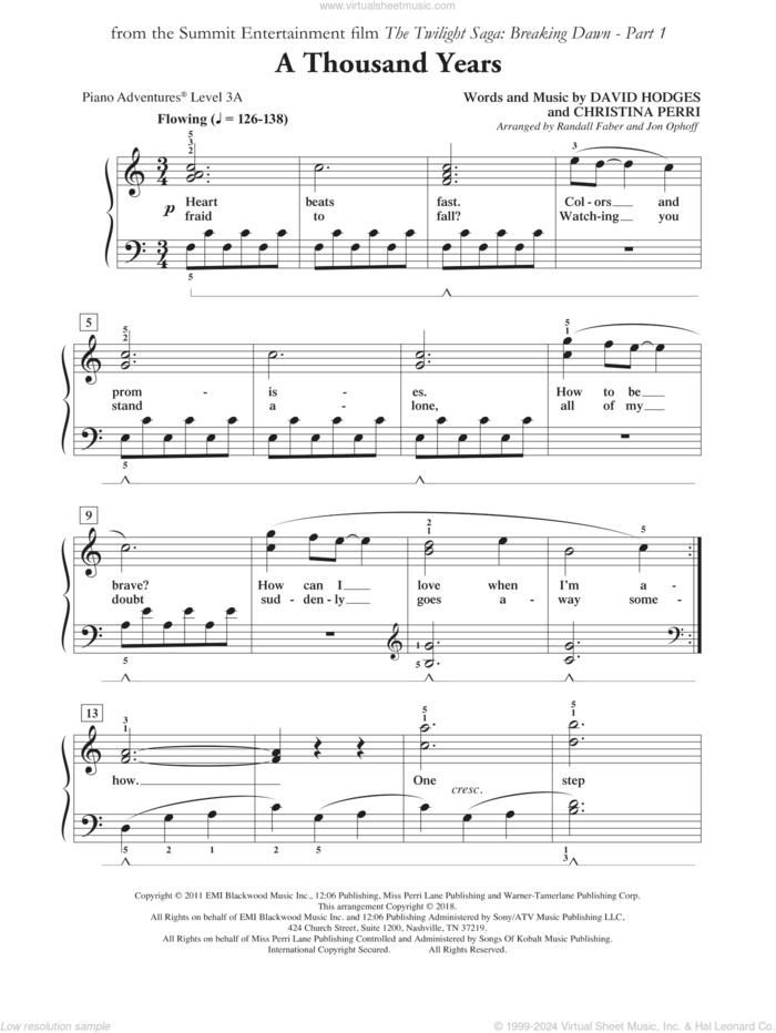 A Thousand Years, (intermediate/advanced) sheet music for piano solo by Christina Perri, Randall Faber & Jon Ophoff and David Hodges, wedding score, intermediate/advanced skill level