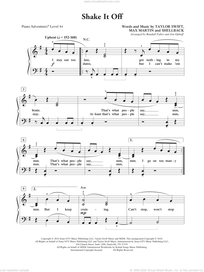 Shake It Off, (intermediate/advanced) sheet music for piano solo by Taylor Swift, Randall Faber & Jon Ophoff, Johan Schuster, Max Martin and Shellback, intermediate/advanced skill level