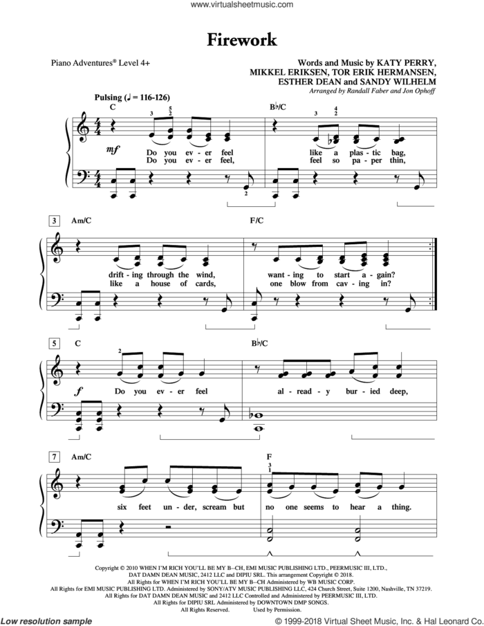 Firework, (intermediate/advanced) sheet music for piano solo by Katy Perry, Randall Faber & Jon Ophoff, Ester Dean, Mikkel Eriksen, Sandy Wilhelm and Tor Erik Hermansen, intermediate/advanced skill level