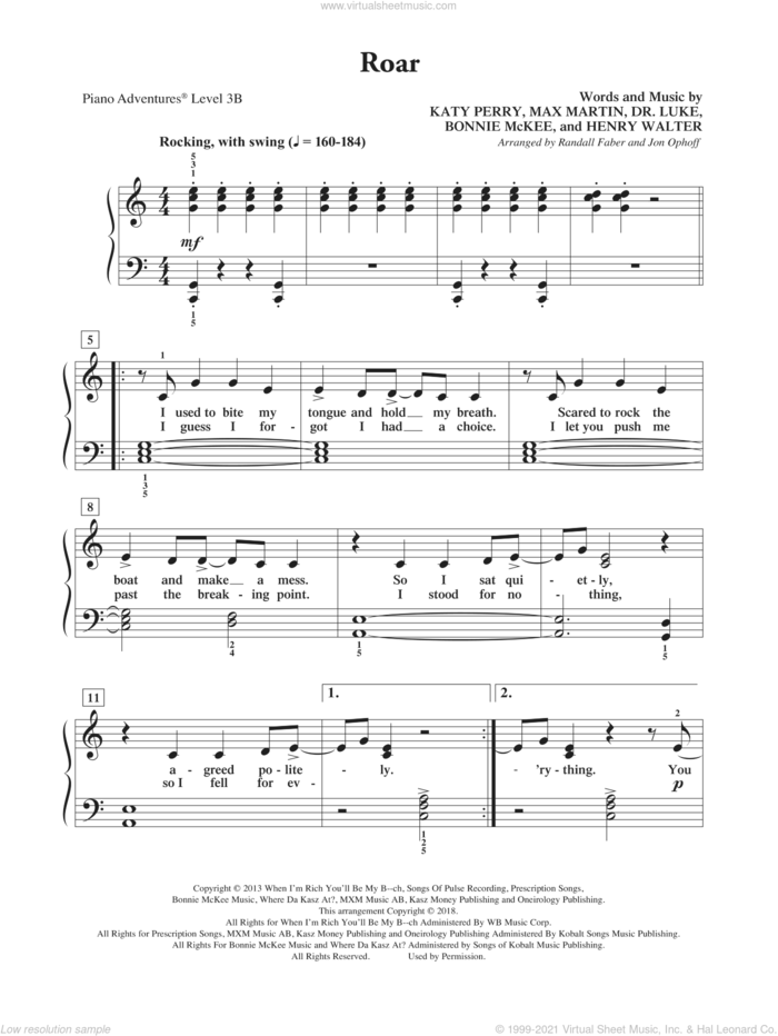 Roar sheet music for piano solo by Max Martin, Randall Faber & Jon Ophoff, Bonnie McKee, Dr. Luke, Henry Walter and Katy Perry, intermediate/advanced skill level