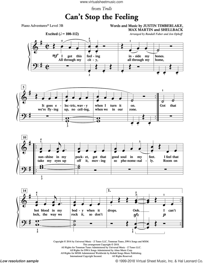 Can't Stop the Feeling sheet music for piano solo by Max Martin, Randall Faber & Jon Ophoff, Johan Schuster, Justin Timberlake and Shellback, intermediate/advanced skill level
