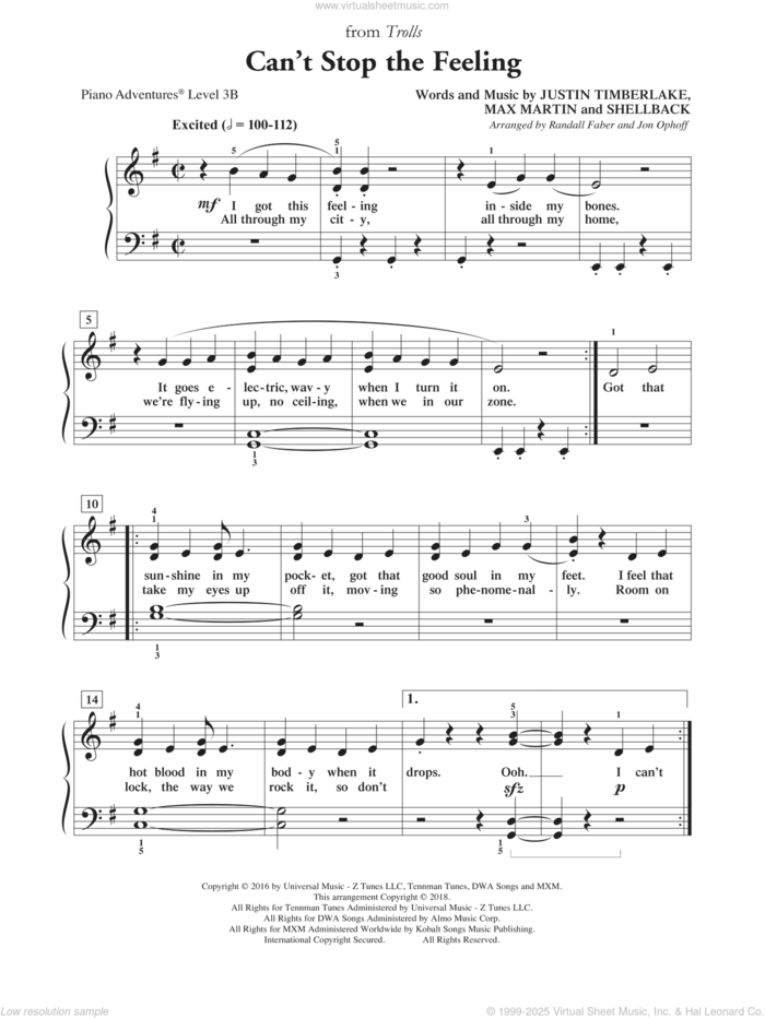 Can't Stop the Feeling sheet music for piano solo by Max Martin, Randall Faber & Jon Ophoff, Johan Schuster, Justin Timberlake and Shellback, intermediate+ skill level