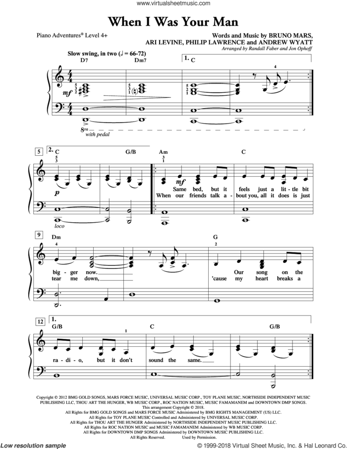 When I Was Your Man, (intermediate/advanced) sheet music for piano solo by Bruno Mars, Randall Faber & Jon Ophoff, Andrew Wyatt, Ari Levine and Philip Lawrence, intermediate/advanced skill level