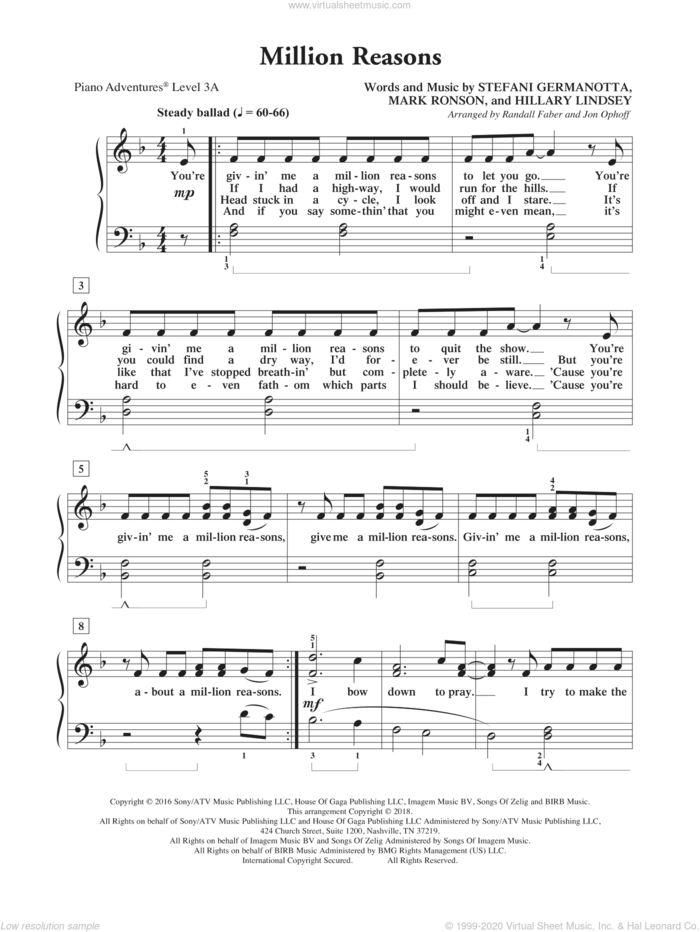 Million Reasons, (intermediate/advanced) sheet music for piano solo by Lady Gaga, Randall Faber & Jon Ophoff, Hillary Lindsey and Mark Ronson, intermediate/advanced skill level