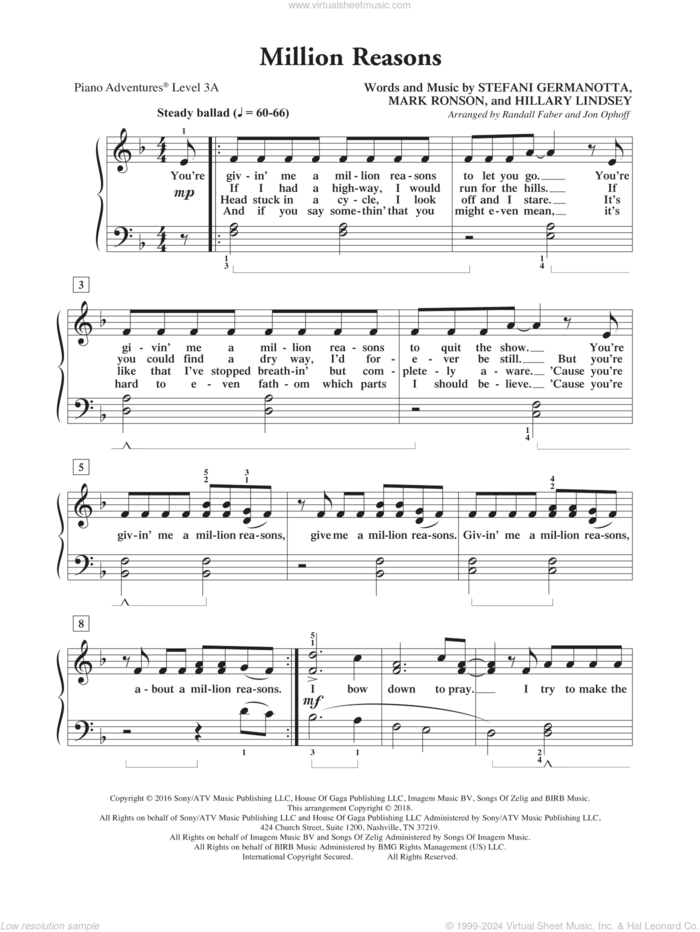 Million Reasons, (intermediate/advanced) sheet music for piano solo by Lady Gaga, Randall Faber & Jon Ophoff, Hillary Lindsey and Mark Ronson, intermediate/advanced skill level