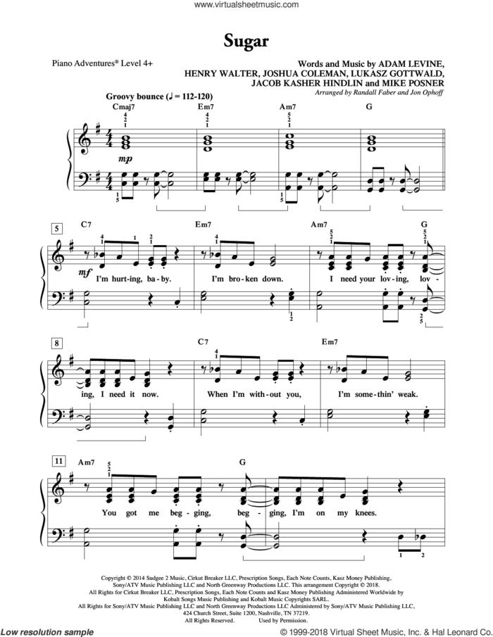 Sugar sheet music for piano solo by Lukasz Gottwald, Randall Faber & Jon Ophoff, Maroon 5, Adam Levine, Henry Walter, Jacob Kasher Hindlin, Joshua Coleman and Mike Posner, intermediate/advanced skill level