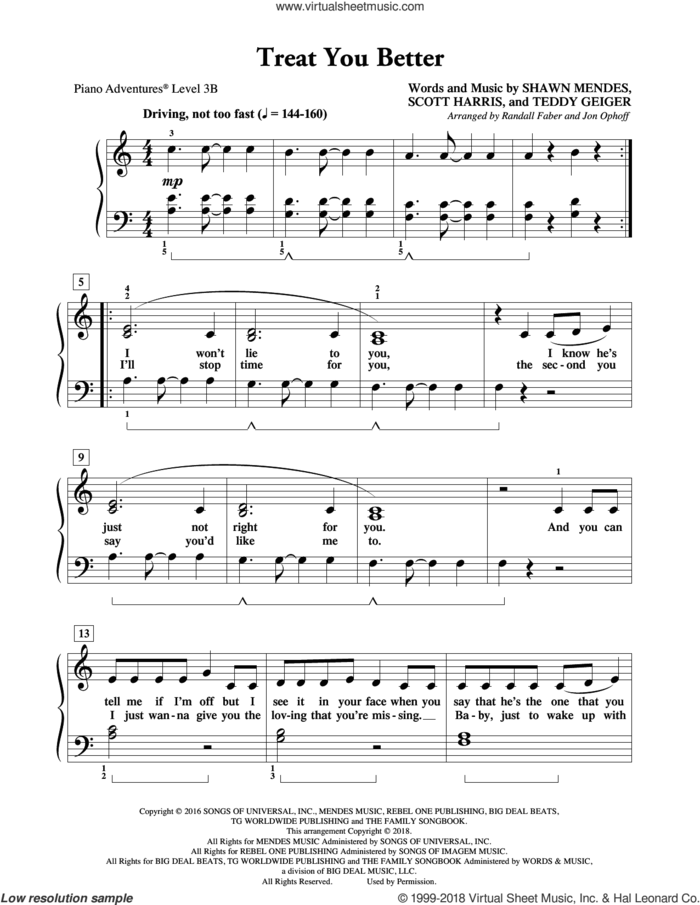 Treat You Better, (intermediate/advanced) sheet music for piano solo by Shawn Mendes, Randall Faber & Jon Ophoff, Scott Harris and Teddy Geiger, intermediate/advanced skill level